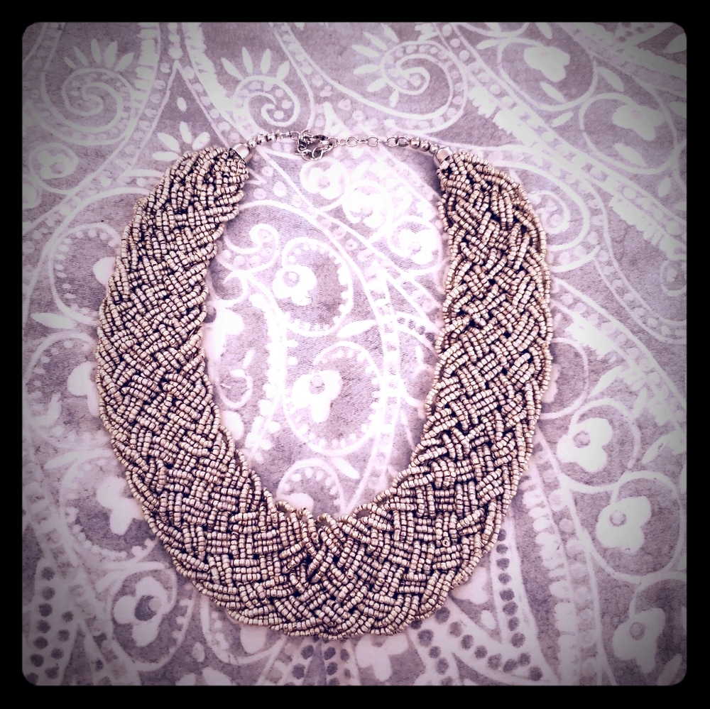 Braided Beaded Statement Necklace in Ivory and Silver